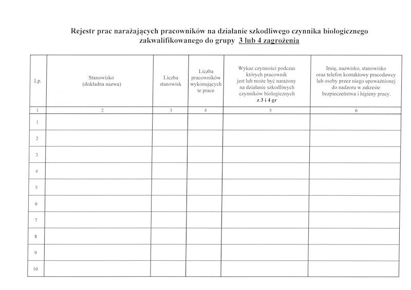 Rejestr prac narażających 3 4 zagr.