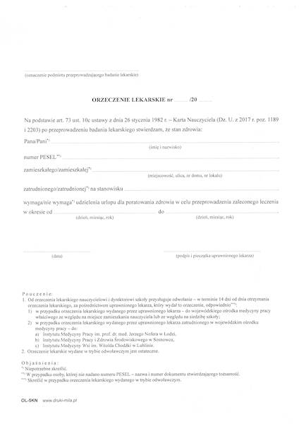 Orzeczenie Lekarskie dla nauczycieli A5 100k.