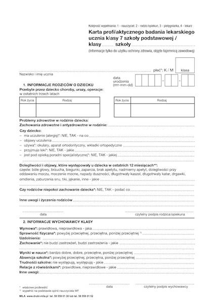 Karta badania ucznia 7 klasy szkoły podst.100k.