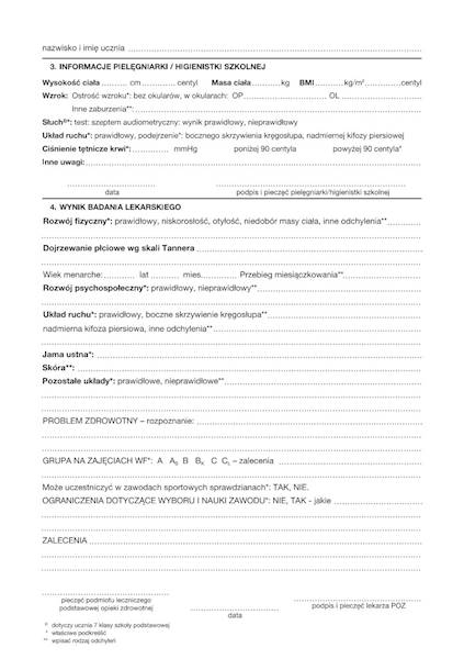 Karta badania ucznia 7 klasy szkoły podst.100k.