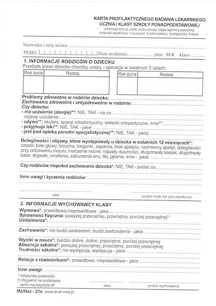 Karta profilaktycznego bad. ucznia1 kl. Mz/Hsz-21a