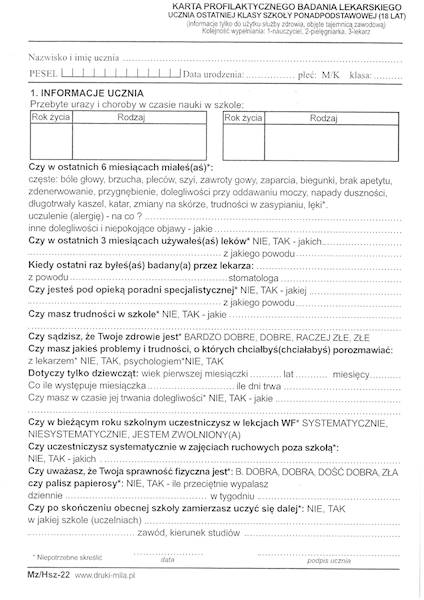 Karta profil. bad. lek ucznia ost. klasy Mz/Hsz-22