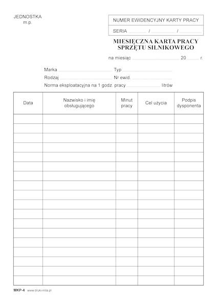 Miesięczna karta pracy sprzętu silnikowego MKP-4
