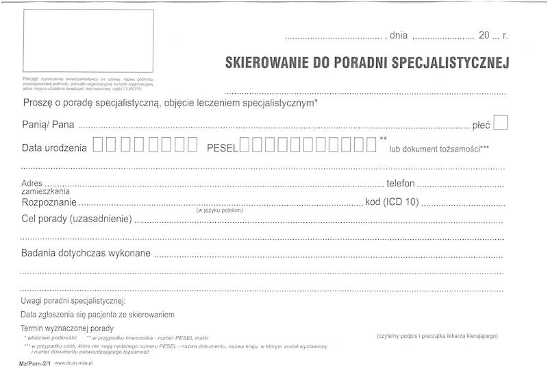 Skierowanie do poradni specjalistycznej A5 100k.