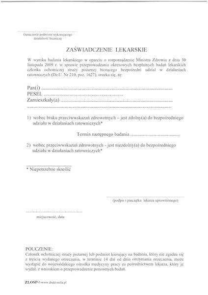 Zaświadczenie lekarskie dla członków OSP ZLOSP-5
