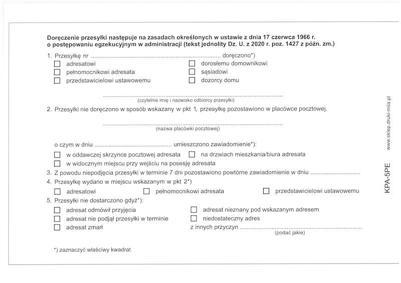 Zwrotne potwierdzenie odb. post. egz. KPA-5PE b.t.