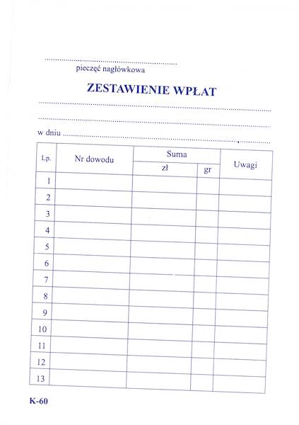 Zestawienie wpłat A6 /80k./offset. K-60