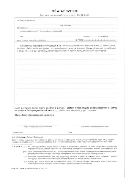Oświadczenie złożone na wniosek strony OSW-755