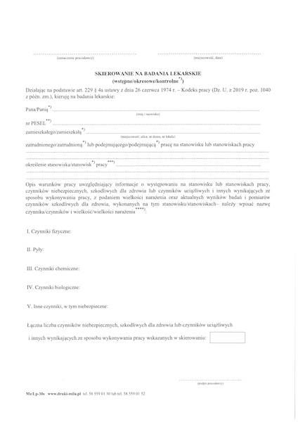 Skierowanie na badania lekarskie Mz/Lp-30s 