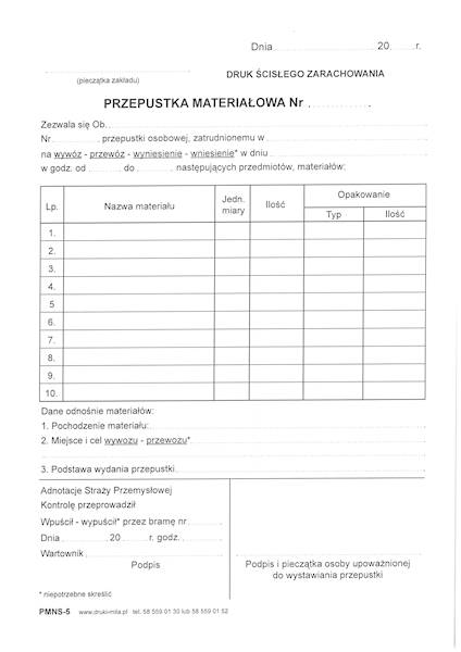 Przepustka materiałowa PMNS-5 A5 80k.samokopia