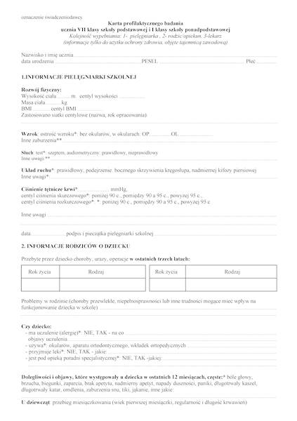 Karta profilaktycznego badania ucznia VII klasy
