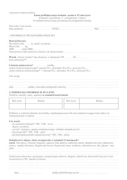 Karta profilaktycznego badania ucznia w 19 roku 
