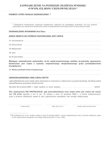 Zaświadczenie do bonu cieplowniczego