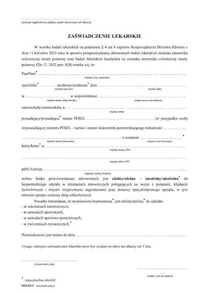 Zaświadczenie lekarskie dla Strażaków A5 MZSTR-5
