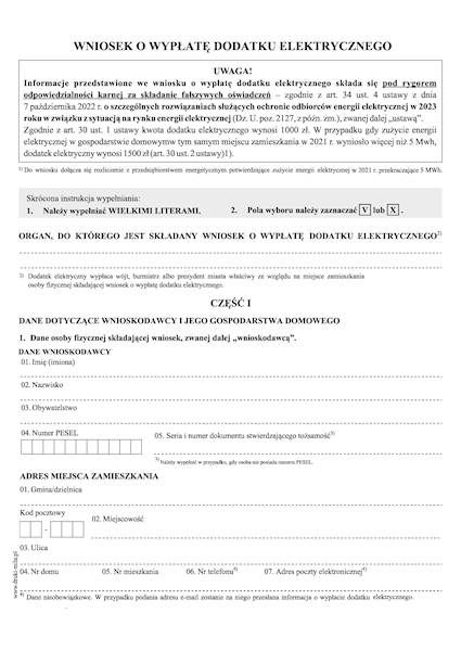 Wniosek o wypłatę dodatku elektrycznego A3