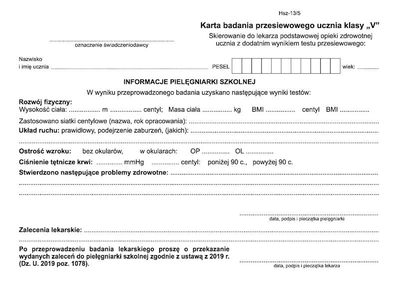 Karta badania przesiewowego ucznia klasy V HSZ-13/