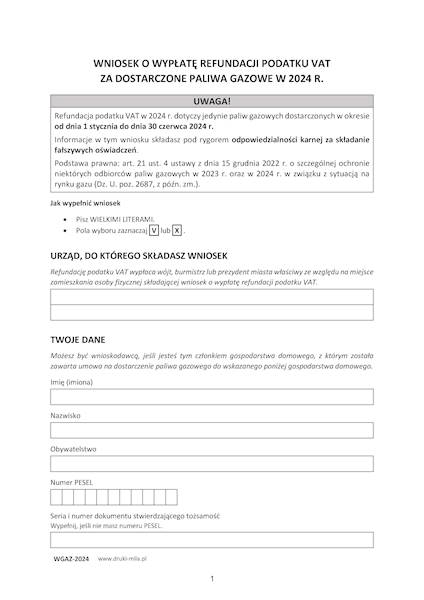 Wniosek o wypłatę refundacji VAT paliwa gazowe