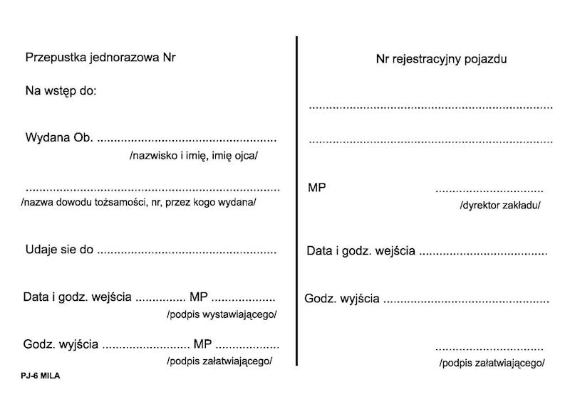 Przepustka jednorazowa A6/100 samokopia PJ-6