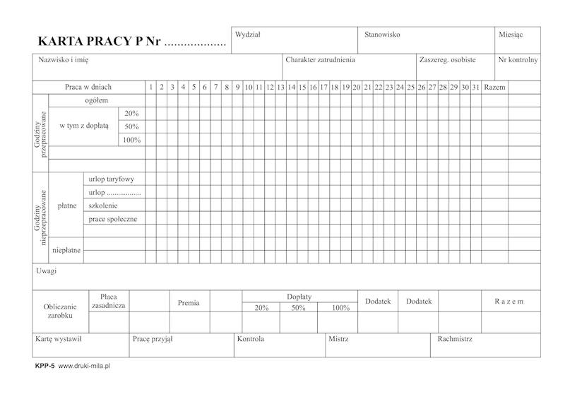 Karta pracy P A5 1/0 80k. offset
