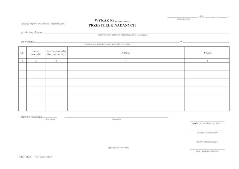 Wykaz przesyłek nadanych WKT-112s A4 50k.