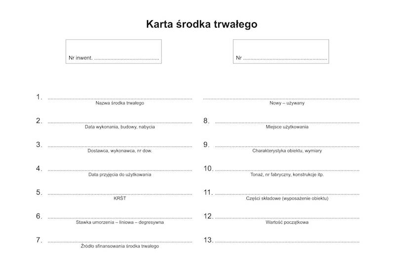 Karta środka trwałego K-282 A5