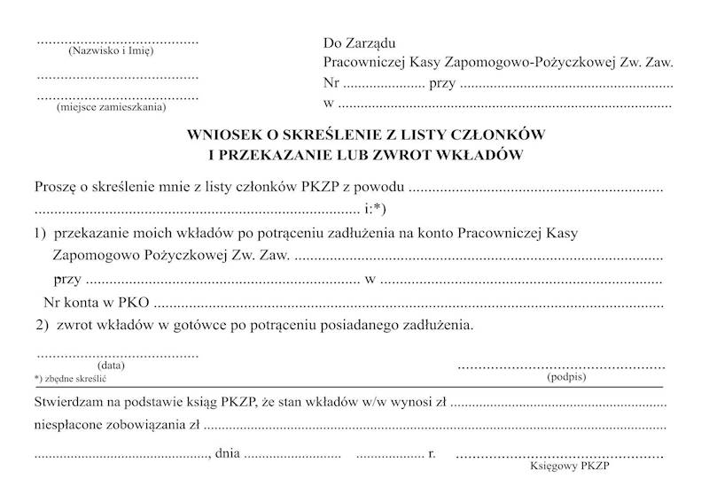 Wniosek o skreślenie z listy członków PKZP
