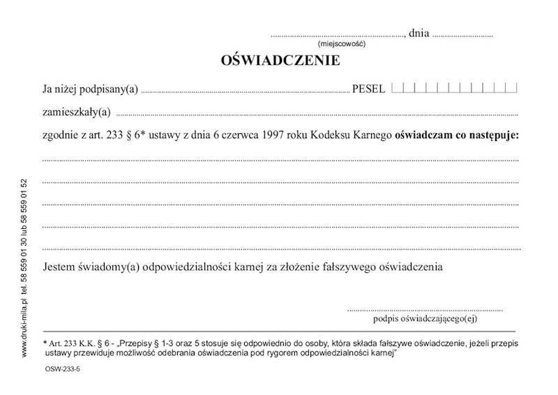 Oświadczenie art. 233 A5 (100szt.)
