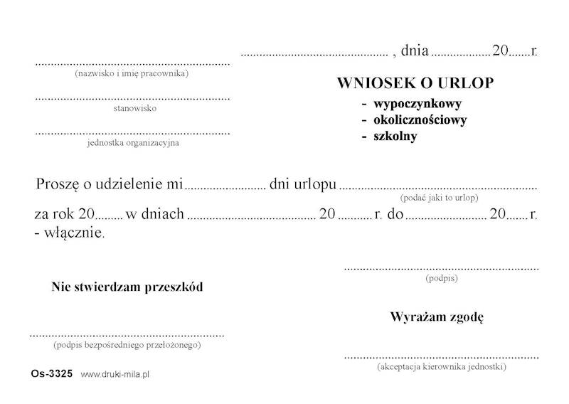 Wniosek o urkop Os-3325 A6 80k. offset