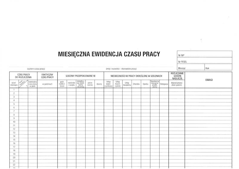 Miesięczna ewidencja czasu pracy A4 Os-229