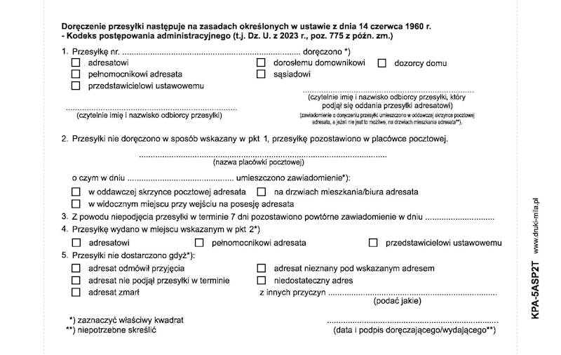 Zwrotne potwierdzenie odbioru jednostr. KPA-5ASP2T