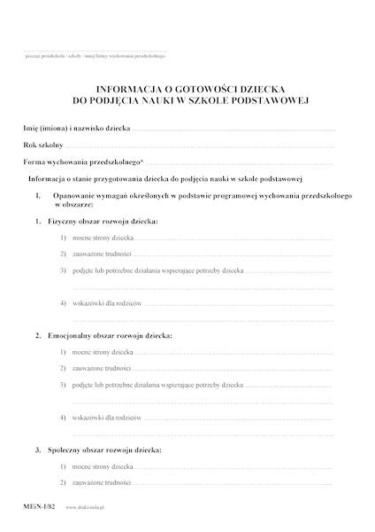 Informacja o gotowości dziecka do podjęcia nauki