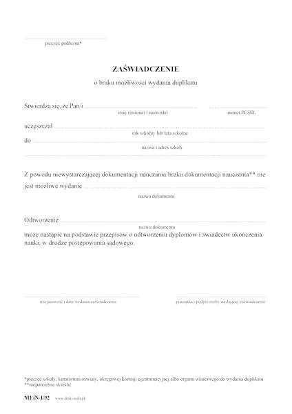 Zaświadczenie o braku możliwości wydania duplikatu