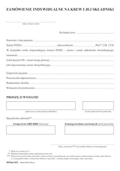 Zamówienie indywidualne na krew MZ/SZ-42/2/s 100k