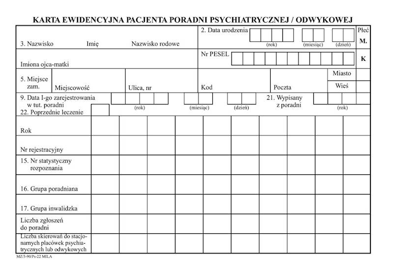Karta ewidencyjna pacjenta poradni psychiatrycznej