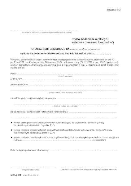 Orzeczenie lekarskie MZ/lp-24 samokopia 100k