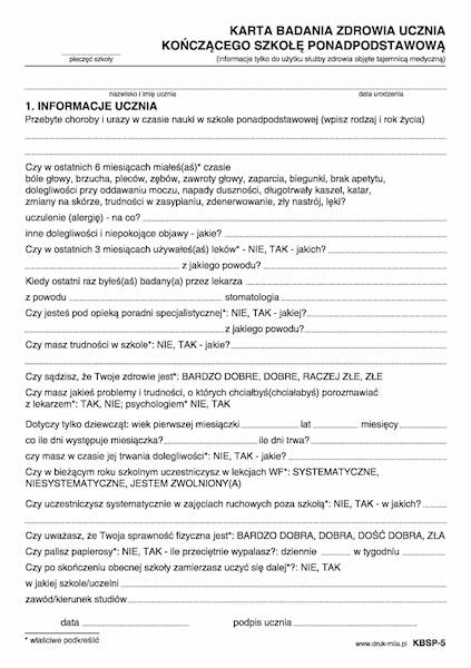 Karta badania zdrowia ucznia KBSP-5  100 k.