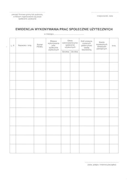 Ewidencja wykonywania prac społecznie użytecznych