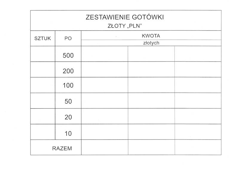 Zestawienie gotówki A6/100 k samokopia