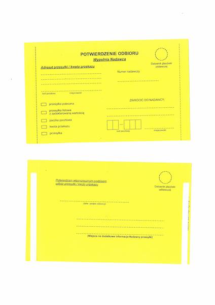 Zwrotne potwierdzenie odbioru żółte POCZTA POLSKA