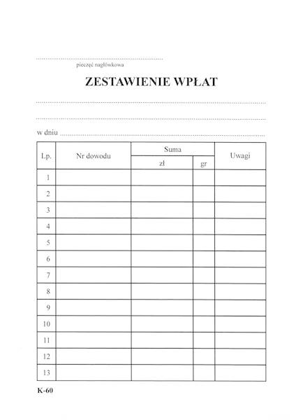 Zestawienie wpłat A6/80k K-60s