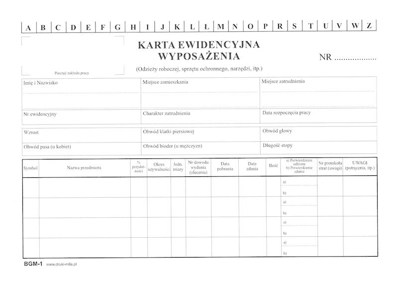 Karta ewidencyjna wyposażenia BGM-1/K-206
