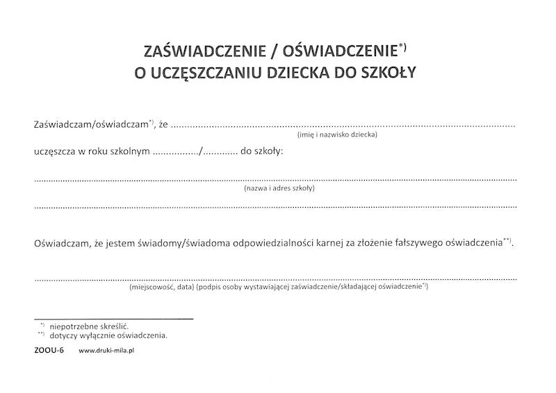 Zaświadczenie o uczęszczaniu dziecka do szkoły