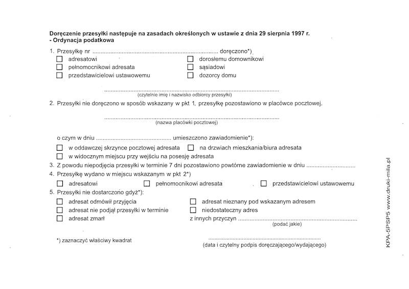 Zwrotne potwierdzenie odbioru ord. pod. KPA-5PSP5