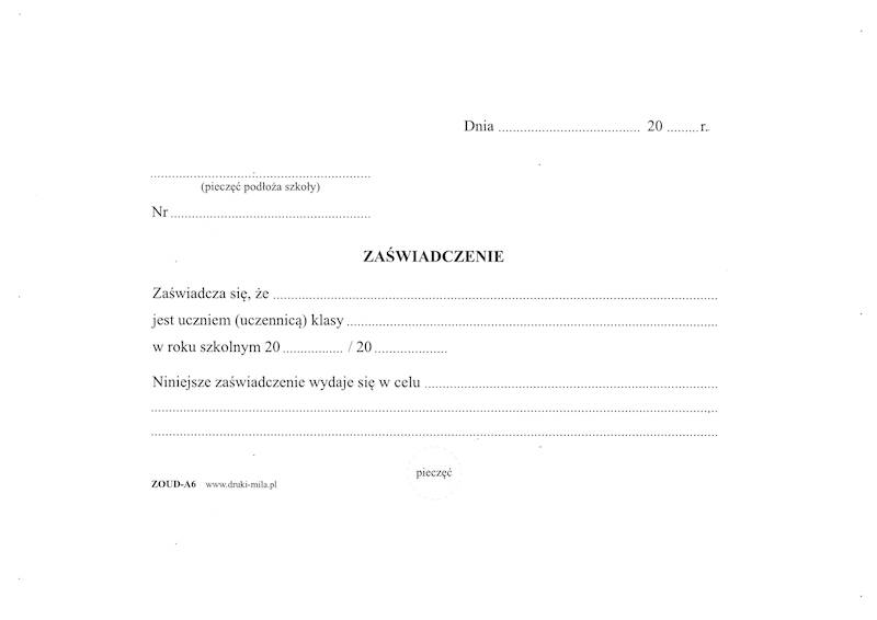 Zaświadczenie o uczęsxczaniu do szkoły A6 80k.