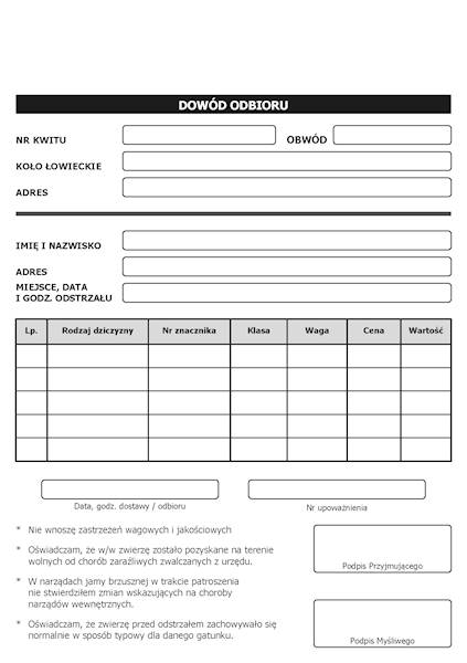 Dowód odbioru tuszy dziczyzny A5 100k.