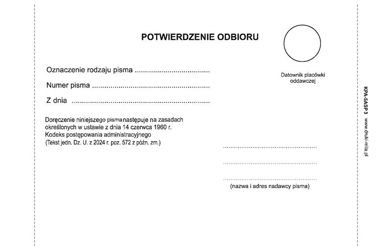Zwrotne potw. odbioru KPA KPA-5ASP3 op.100szt.