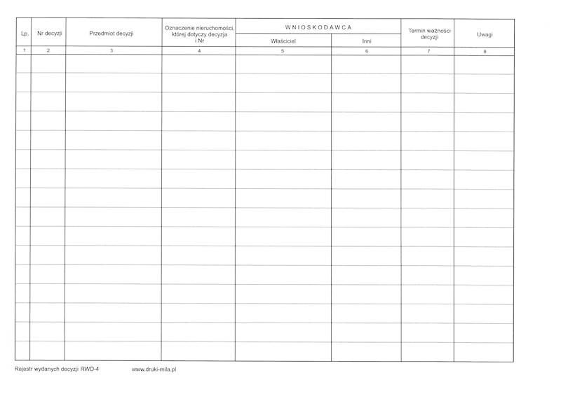 Rejestr wydanych decyzji A4 100k. tw. opr. RWD-4