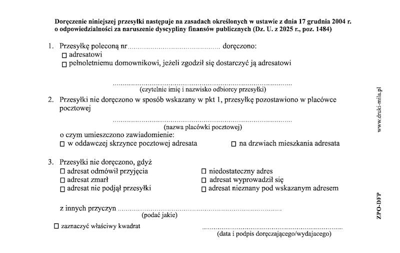 Zwrotne potwierdzenie odbioru dyscyplina finansów