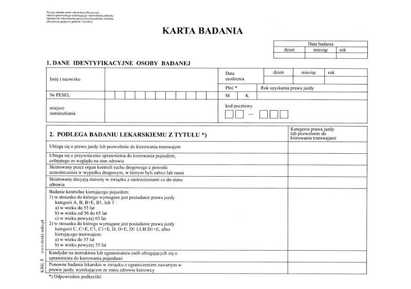 Karta badania kierowcy KBK-5