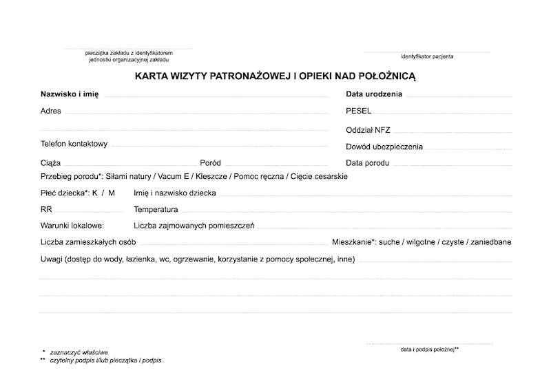 Karta wizyty patronażowej i opieki nad położnicą